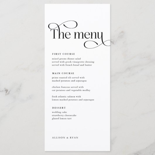 Table de mariage classique élégant Cartes de menu (Devant)