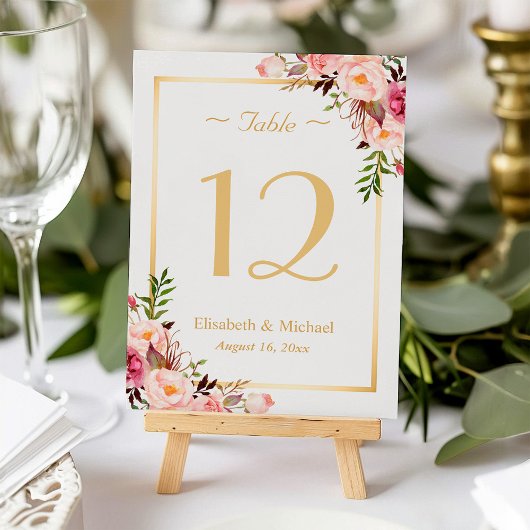 Table Élégant Chic Rose Floral Gold Mariage Numéro de ta