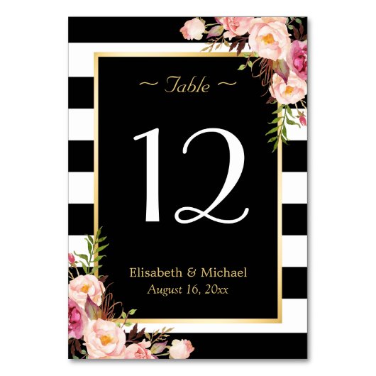 Table Élégant Mariage Floral Black Stripes Numéro de tab (Par défaut)