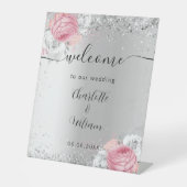 Table Fleurs roses argentées mariage signe de bienvenue (Recto)