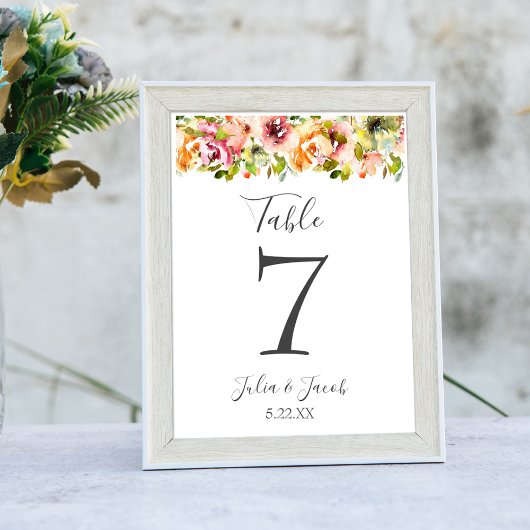 Table Jardin d'été Aquarelle Florale Mariage Numéro de t