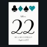 Table Las Vegas Turquoise Parties scintillant Numéro de<br><div class="desc">Les costumes de carte de parties scintillant noir et turquoise paraissent clinants sur ce numéro de table blanc recto verso à thème Vegas. Personnalisez tout le texte, y compris le nom de la table, le numéro et créez avec les deux lignes de texte en bas avec vos nouveaux noms de...</div>