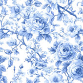 Table Long Grandmillennial Bleu Toile Roses Floral Chemin de