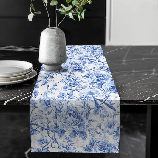 Table Long Grandmillennial Bleu Toile Roses Floral Chemin de