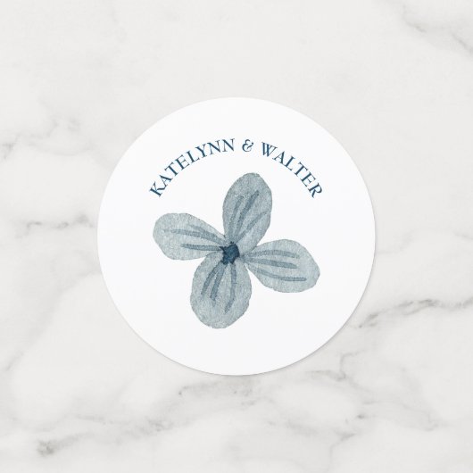 Table Mariage de fleurs bleues et orange Confetti (Petit recto)