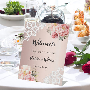 Table Mariage fleurons roses or dentelle signe de bienve