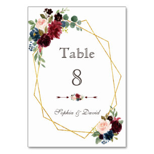 Table Merlot Marine bleu Floral Gold Frame Numéro de tab