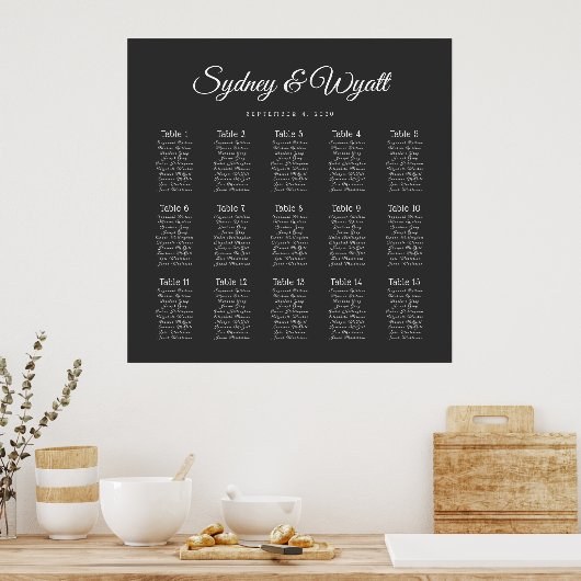 Table Number Black Wedding Seating Chart Poster (Cuisine)