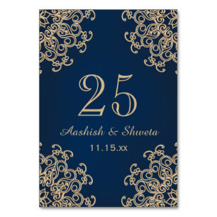 Table Numéro de Mariage de style Indien bleu et or Marin