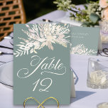 Table Sage Green Botanical Foliical Numéro de tableau<br><div class="desc">Carte de numéro de table Sage Green avec calligraphie élégante et numéro personnalisé. Ce design botanique a un auvent de feuillage aquarelle avec un bouquet en cascade de feuilles dans les tons d'amande de blé palomino crème. Design élégant et feutré avec un style moderne et une palette de couleurs naturelles...</div>