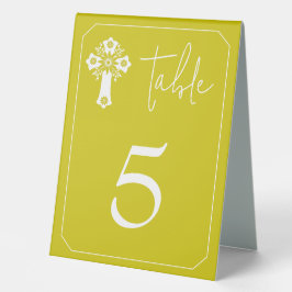 Table Tent Floral Cross Christening Yellow