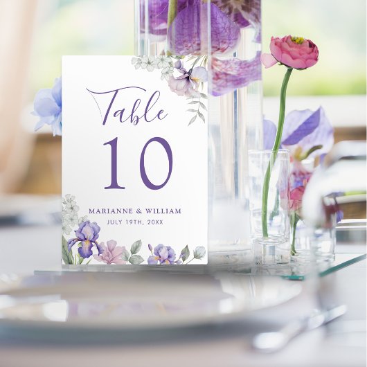 Table Whimsical Purple Iris Floral Mariage Numéro de tab