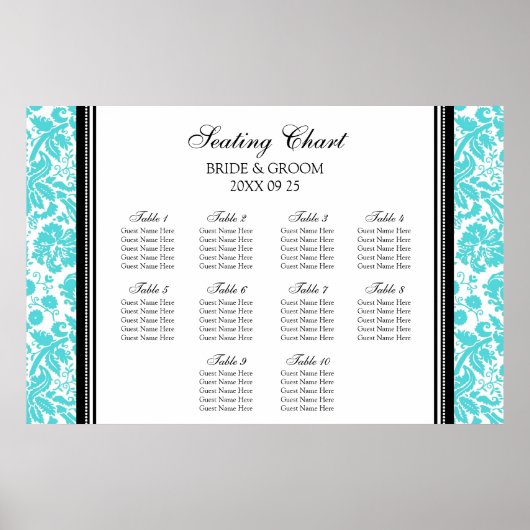 Tableau 10 Tables Aqua Black Damask (Devant)