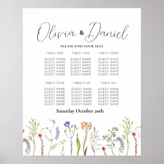 Tableau 6 Plan de siège Fleurs sauvages Mariages (Devant)