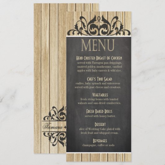 Tableau blond en bois rustique du menu | de dîner (Devant / Derrière)