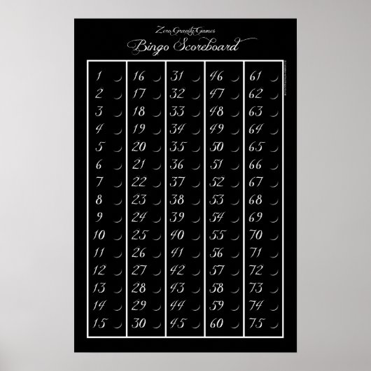 Tableau de bord de bingo 75 - Jeux de gravité zéro (Devant)