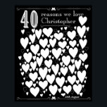 Tableau de bord Poster du livre d'or du 40e annive<br><div class="desc">Une merveilleuse idée cadeau de 40e anniversaire ou un livre d'or de fête! Cette affiche fabuleuse "40 raisons pour lesquelles nous vous aimons" contient 40 coeurs à remplir de 40 courts messages d'amour. Idéal pour un livre d'or spécial 40ème anniversaire ou en cadeau de la famille. Fait un grand cadeau...</div>