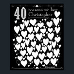 Tableau de bord Poster du livre d'or du 40e annive<br><div class="desc">Une merveilleuse idée cadeau de 40e anniversaire ou un livre d'or de fête! Cette affiche fabuleuse "40 raisons pour lesquelles nous vous aimons" contient 40 coeurs à remplir de 40 courts messages d'amour. Idéal pour un livre d'or spécial 40ème anniversaire ou en cadeau de la famille. Fait un grand cadeau...</div>