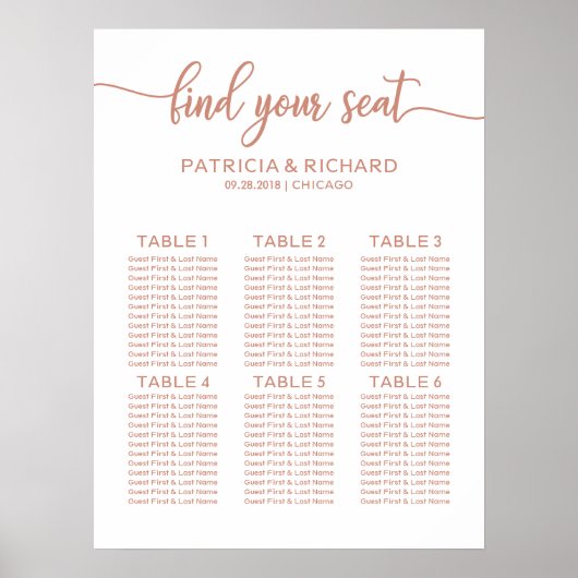 Tableau de disposition de mariage 6 tables Rose Go (Devant)