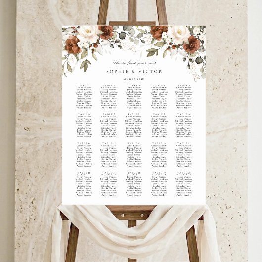 Tableau de disposition de mariage Floral Rust Blan
