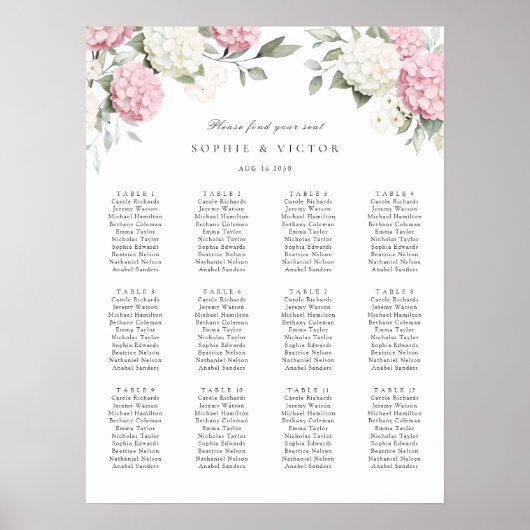 Tableau de mariage à 12 tables avec hortensias flo (Devant)