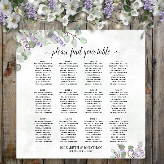 Tableau de mariage à 12 tables Lavande Eucalyptus