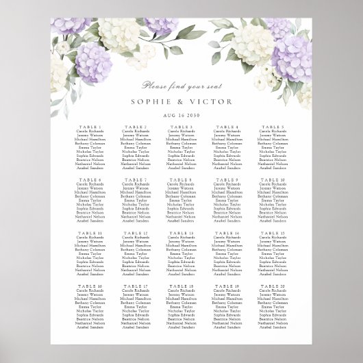 Tableau de mariage à 20 tables avec des hortensias (Devant)