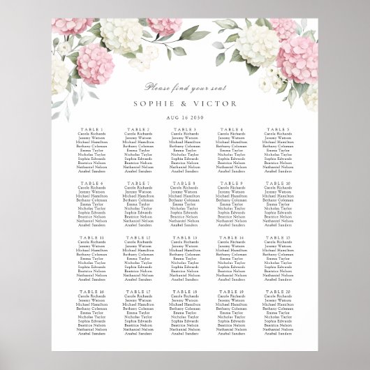 Tableau de mariage à 20 tables avec hortensias flo (Devant)