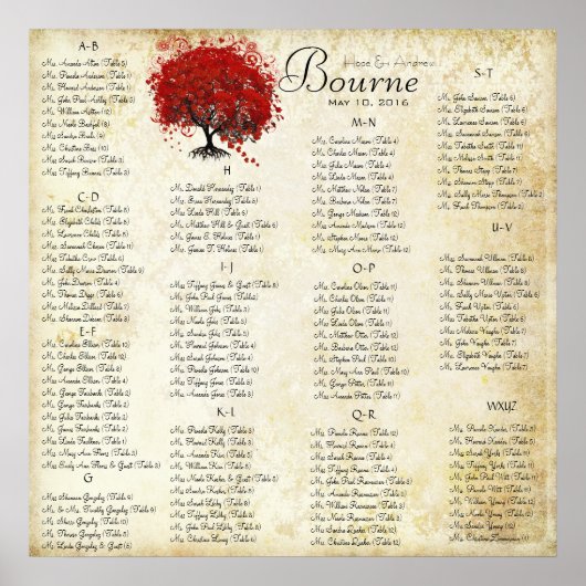 Tableau de mariage à damas de feuille de cœur roug (Devant)