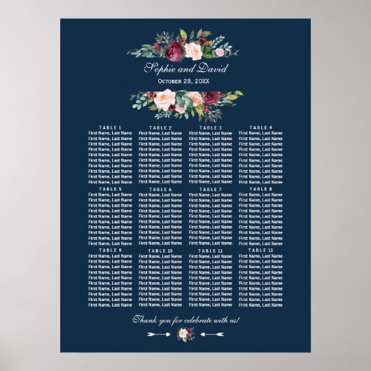 Tableau de mariage à fleurs de Bourgogne sur fond (Devant)