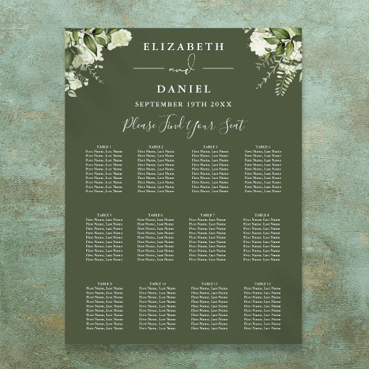 Tableau de mariage à la verdure florale vert olive