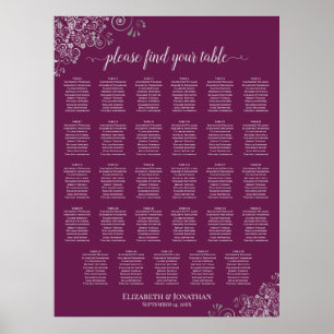 Tableau de mariage argent Magenta Plum 29 places