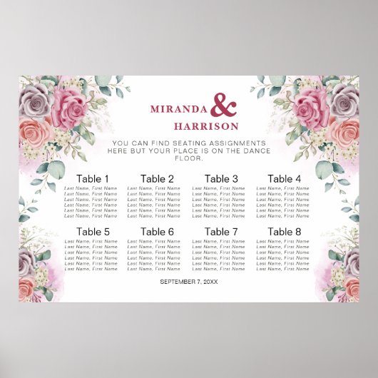 Tableau de mariage aux roses aquarelles (Devant)