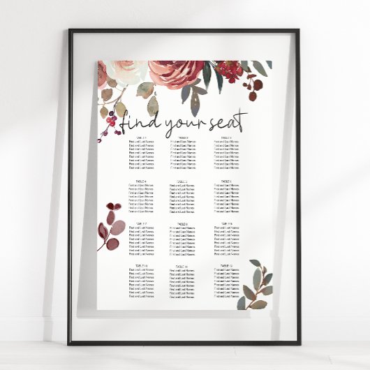 Tableau de mariage aux roses florales rouge blush