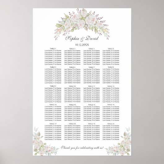 Tableau de mariage aux roses roses blanches pour 1 (Devant)