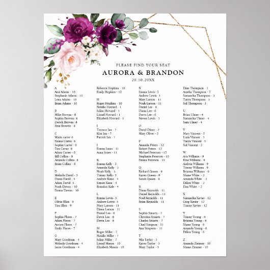 Tableau de mariage aux roses roses et prune violet (Devant)