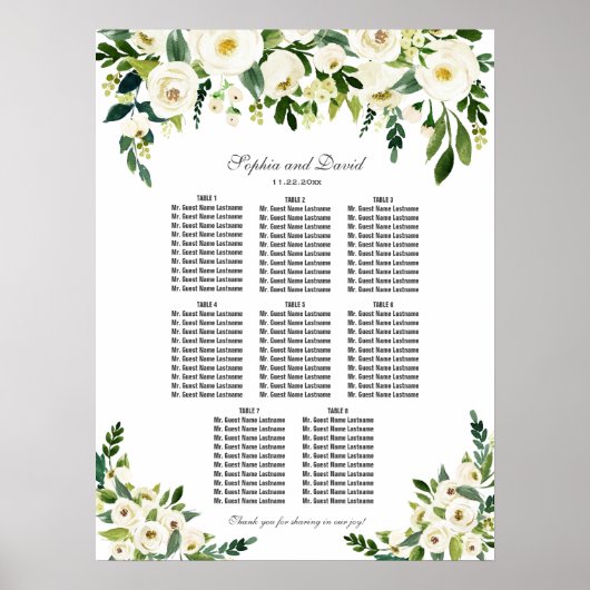 Tableau de Mariage Fleurs Blanches Charmant (Devant)