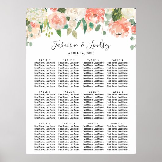 Tableau de Mariage Fleurs Blanches Corail Pêche (Devant)