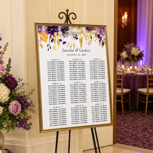 Tableau de Mariage Fleurs Or et Violet pour Plan d