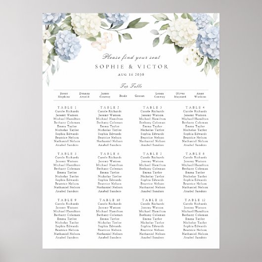 Tableau de mariage floral bleu hydrangee (Devant)