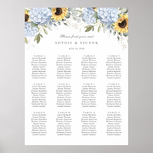 Tableau de mariage floral Hydrangea 12 places assi (Devant)