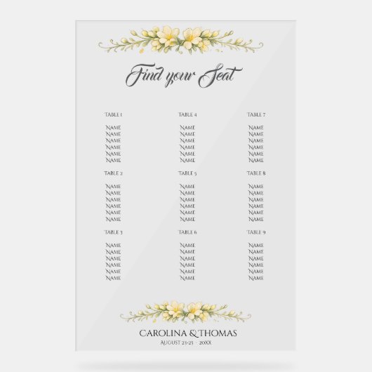 Tableau de Mariage Jaune Canari Freesia (Recto)