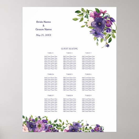 Tableau de Mariage Rose bleu violet sauvage (Devant)