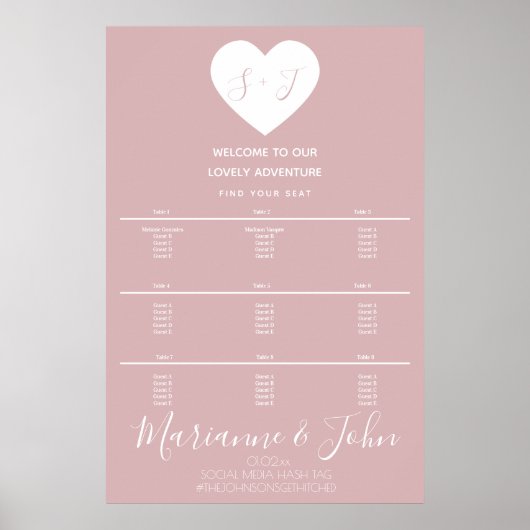 Tableau de mariage rose cœur simple Logo (Devant)