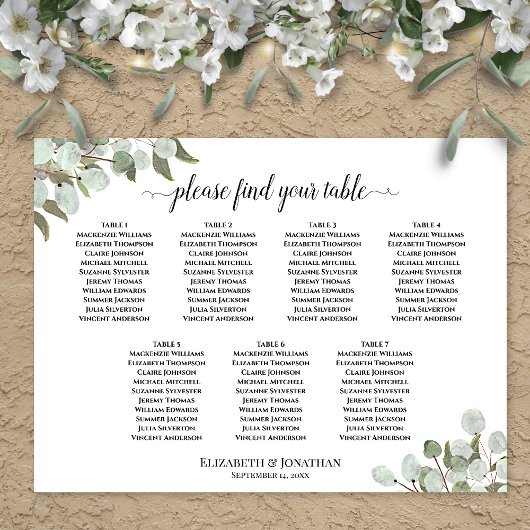 Tableau de mariage rustique eucalyptus pour 7 tabl