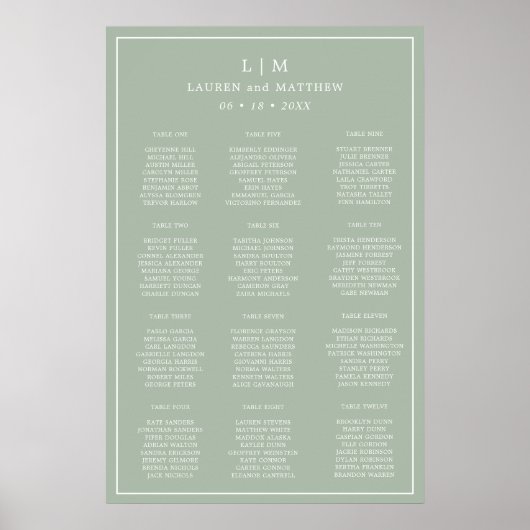 Tableau de mariage simple en vert sauge avec monog (Devant)