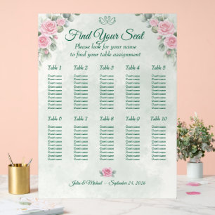 Tableau de Mariage Vert Émeraude & Rose Fardée