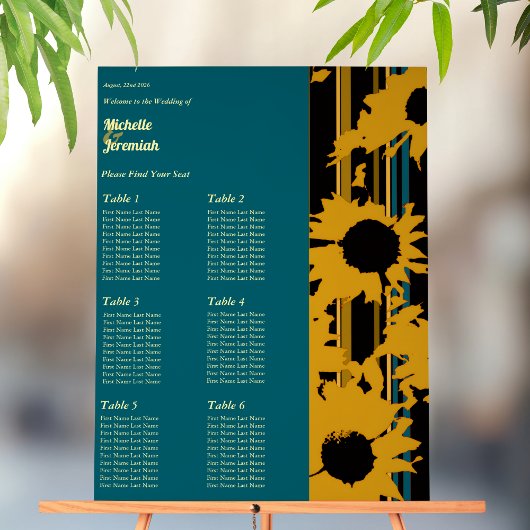 Tableau de mariage vertical tournesol sarcelle or