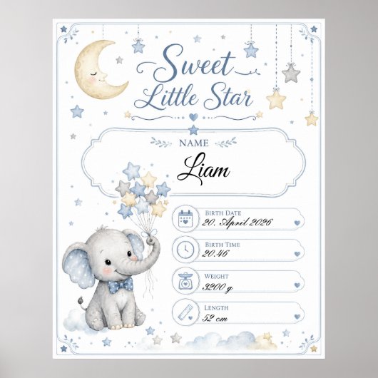 Tableau de naissance bébé personnalisable avec élé (Devant)