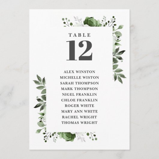 Tableau de numéros de table à fleurs vert olive (Dos)